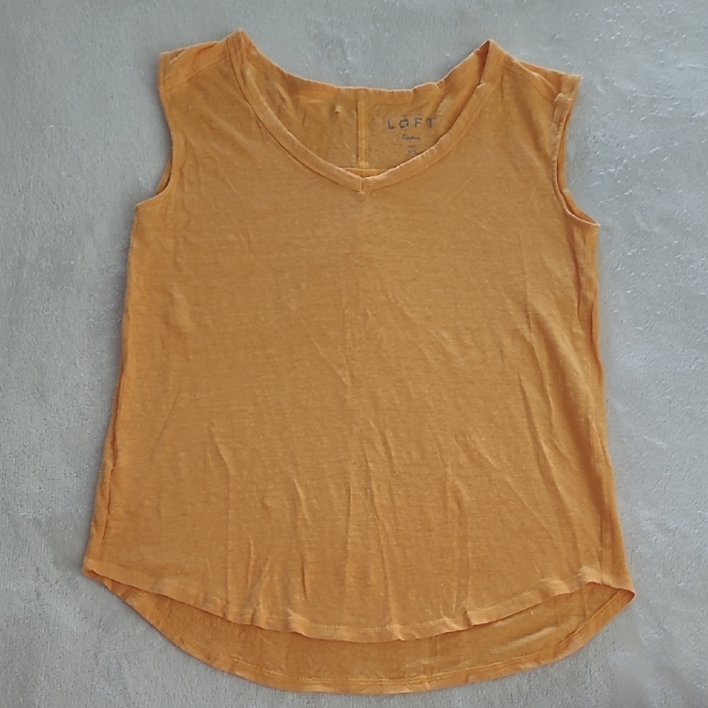 Ann Taylor LOFT Linen Sleeveless Top XS Orange V Neck Summer Blouse Boho Casual